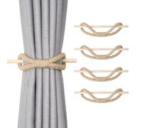 Pretty Jolly 4 Pack Natural Jute Rope Curtain Tiebacks Boho Rustic Style Decorative Drape Tie Backs Farmhouse Hand-Woven Curtain Holdbacks with Wood Club for Home & Office Drapery (Jute rope-T)