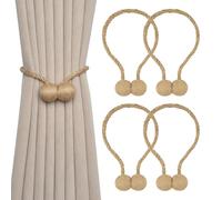 Pretty Jolly 4 Pack Natural Jute Rope Magnetic Curtain Tiebacks Farmhouse Rustic Style Decorative Drape Tie Backs Elegant Handmade Braided Curtain Holdbacks for Home & Office Drapery (Ball-B)