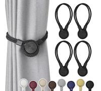 Pretty Jolly 4 Pack Strong Magnetic Curtain Tiebacks Unique Medal shape Decorative Drape Tie Backs Elegant Hand-Woven Rope Curtain Holdbacks for Home & Office Draperies Decor (Black)