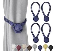 Pretty Jolly 4 Pack Strong Magnetic Curtain Tiebacks Unique Medal shape Decorative Drape Tie Backs Elegant Hand-Woven Rope Curtain Holdbacks for Home & Office Draperies Decor (Dark Blue)