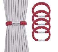 Pretty Jolly 4 Pack Twisted Braid Rope Magnetic Curtain Tiebacks Elegant Hand-Woven Style Drape Tie Backs Soft Natural Cotton Rope Curtain Holdbacks for Home & Office Window Draperies (Wine Red)