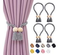 Pretty Jolly 4 Pack Wooden Ball Magnetic Curtain Tiebacks Boho Home Decor Drape Tie Backs Natural Cotton Hand Woven Rope Curtain Holdbacks for Thin & Thick Home & Office Window Draperies (Grey)