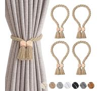 Pretty Jolly 4 Pack Wooden Cube Magnetic Curtain Tiebacks Boho Home Decor Drape Tie Backs Natural Cotton Hand Woven Rope Curtain Holdbacks for Thin & Thick Home & Office Window Draperies (Dark Beige)