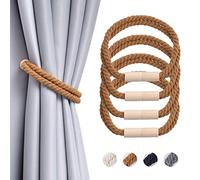 Pretty Jolly 4 Pack Wooden Magnetic Curtain Tiebacks Boho Decoration Drape Tie Backs Natural Cotton Handmade Double Rope Curtain Holdbacks for Thin or Thick Home & Office Window Drapery (New Coffee)