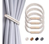 Pretty Jolly 4 Pack Wooden Magnetic Curtain Tiebacks Boho Decoration Drape Tie Backs Natural Cotton Handmade Double Rope Curtain Holdbacks for Thin or Thick Home & Office Window Drapery (New Beige)