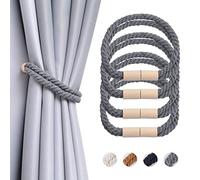 Pretty Jolly 4 Pack Wooden Magnetic Curtain Tiebacks Boho Decoration Drape Tie Backs Natural Cotton Handmade Double Rope Curtain Holdbacks for Thin or Thick Home & Office Window Drapery (New Grey)