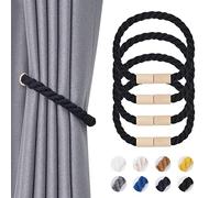 Pretty Jolly 4 Pack Wooden Magnetic Curtain Tiebacks Boho Home Decoration Drape Tie Backs Natural Cotton Handmade Rope Curtain Holdbacks for Thin or Thick Home & Office Window Drapery (Black)