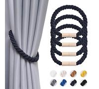 Pretty Jolly 4 Pack Wooden Magnetic Curtain Tiebacks Boho Home Decoration Drape Tie Backs Natural Cotton Handmade Rope Curtain Holdbacks for Thin or Thick Home & Office Window Drapery (Dark Blue)
