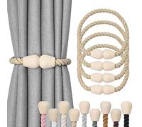 Pretty Jolly 4 Pack Wooden Magnetic Curtain Tiebacks Elegant Boho Home Decoration Drape Tie Backs Natural Cotton Handmade Rope Curtain Holdbacks for Home & Office Window Drapery (Dark Beige)