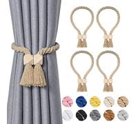 Pretty Jolly 4 Pack Wooden Polyhedron Magnetic Curtain Tiebacks Boho Home Decor Drape Tie Backs Natural Cotton Hand Woven Rope Curtain Holdbacks for Home & Office Window Draperies (Dark Beige)