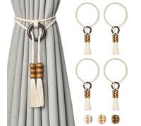 Pretty Jolly Cotton Rope Curtain Tiebacks, Boho Hand-Woven Wooden Ring, Decorative design suits home & office window drapery for various drapes, 4 Pack, T-Coffee