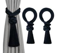 Pretty Jolly Cotton Rope Tassel Curtain Tiebacks, Boho Hand-Woven | Fits thin & thick office & household window drapes, stylish hand-woven craft, 2 Pack, Dark Blue