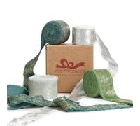 Pretty Jolly Green Chiffon Ribbon for Gift Wrapping - Handmade Frayed Silk for Flower Bouquet - Shimmery Gold Fringe 1 1/2 Inch x 5 Yard 4 Rolls for Hair, Wedding Invitations, DIY Crafts