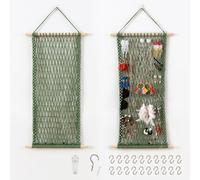 Pretty Jolly Hanging Jewelry Mesh Organizer Macrame Wall Mounted Necklaces Storage Earring Display Rack Girls Hair Clips Hanger with 20 Pieces S Shape Hooks for Bracelets,Necklace and Rings(Green)