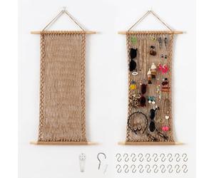 Pretty Jolly Hanging Jewelry Mesh Organizer Macrame Wall Mounted Necklaces Storage Earring Display Rack Girls Hair Clips Hanger with 20 Pieces S Shape Hooks for Bracelets,Necklace and Rings(Twine)