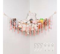 Pretty Jolly Macrame Stuffed Animal Hammock with Tassels Hand Woven Corner Hanging Net Easy Install Boho Plush Storage Holder for Toys Kid Room Nursery Decor Organizer for Girls Boy Gift Leather Pink