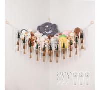 Pretty Jolly Macrame Stuffed Animal Hammock with Tassels Hand Woven Corner Hanging Net Easy Install Boho Plush Storage Holder for Toys Kid Room Nursery Decor Organizer for Girls Boy Gift Brown