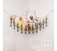 Pretty Jolly Macrame Stuffed Animal Hammock with Tassels Hand Woven Corner Hanging Net Easy Install Boho Plush Storage Holder for Toys Kid Room Nursery Decor Organizer for Girls Boy Gift Avocado Green