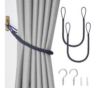 Pretty Jolly Natural Cotton Rope Curtain Tiebacks, Boho Rustic Style | Decorative Drape Tie Backs Elegant Hand-Woven with Metal Hook for Home & Office Drapery, 2 Pack, Cotton-Dark Blue