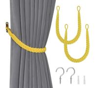 Pretty Jolly Natural Cotton Rope Curtain Tiebacks Elegant | Boho-style decorative tie backs, soft hand-woven rope holdbacks with metal hook for home & office, 2 Pack, Yellow