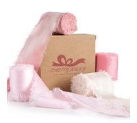 Pretty Jolly Pink Set Silk Satin Ribbon for Flower Bouquet 4 Rolls 1 Inch x 5Yd Handmade Frayed Fabric Ribbons for Gift Wrapping,Crafts,Baby Shower,Wedding Invitations,Hair Bows and Holiday Decor