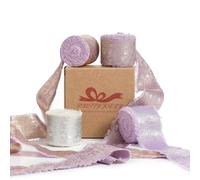 Pretty Jolly Purple Chiffon Ribbon for Gift Wrapping - Handmade Frayed Silk for Flower Bouquet - Shimmery Gold Fringe 1 1/2 Inch x 5 Yard 4 Rolls for Hair, Wedding Invitations, DIY Crafts