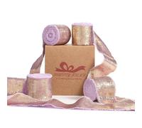Pretty Jolly Purple Chiffon Ribbon for Gift Wrapping - Handmade Frayed Silk for Flower Bouquet - Shimmery Gold Fringe 1 Inch x 5 Yard 4 Rolls for Hair, Wedding Invitations, DIY Crafts