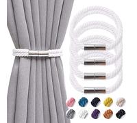 Pretty Jolly Strong Magnetic Curtain Tiebacks | Boho-style double-rope natural cotton tiebacks, fits thin & thick drapery, ideal for home & office windows, 4 Pack, White