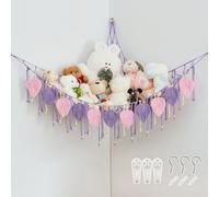 Pretty Jolly Stuffed Animal Hammock with Hand Woven Leaf Beads Tassels Corner Hanging Net Boho Macrame Plush Holder for Toys Kid Room Nursery Decor Organizer for Girls Gift(Purplr & Pink)