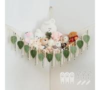 Pretty Jolly Stuffed Animal Hammock with Hand Woven Leaf Beads Tassels Corner Hanging Net Boho Macrame Plush Holder for Toys Kid Room Nursery Decor Organizer for Girls Gift(Sage Green&Avocado Green)
