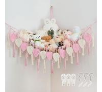 Pretty Jolly Stuffed Animal Hammock with Hand Woven Leaf Tassels and Beads | Boho,Corner Hanging Net Organizer,Toy Plush Storage,Easy Install,for Kid Room Nursery Decor,Wall Display,Light Pink