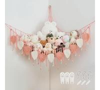 Pretty Jolly Stuffed Animal Hammock with Hand Woven Leaf Tassels and Beads | Boho,Corner Hanging Net Organizer,Toy Plush Storage,Easy Install,for Kid Room Nursery Decor,Wall Display,Leather Pink