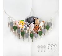 Pretty Jolly Stuffed Animal Hammock with Hand Woven Leaf Tassels and Beads | Boho,Corner Hanging Net Organizer,Toy Plush Storage,Easy Install,for Kid Room Nursery Decor,Wall Display,Green&Gray
