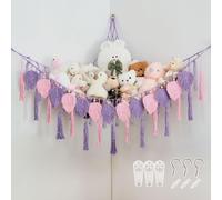 Pretty Jolly Stuffed Animal Hammock with Hand Woven Leaf Tassels and Beads | Boho,Corner Hanging Net Organizer,Toy Plush Storage,Easy Install,for Kid Room Nursery Decor,Wall Display,Purple&Pink