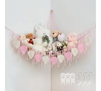 Pretty Jolly Stuffed Animal Hammock with Hand Woven Leaf Tassels and Beads | Boho,Corner Hanging Net Organizer,Toy Plush Storage,Easy Install,for Kid Room Nursery Decor,Wall Display,Light Pink