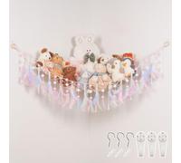 Pretty Jolly Stuffed Animal Hammock with Pompom Feather Macrame Handmade Corner Hanging Net Boho Plush Holder for Toys for Nursery Bedroom Boys Girls Gift (Colorful)