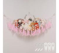 Pretty Jolly Stuffed Animal Hammock with Pompom Feather Macrame Handmade Corner Hanging Net Boho Plush Holder for Toys for Nursery Bedroom Boys Girls Gift (Pink)