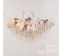 Pretty Jolly Stuffed Animal Hammock with Pompom Feather Macrame Handmade Corner Hanging Net Boho Plush Holder for Toys for Nursery Bedroom Boys Girls Gift (Coffee & White)