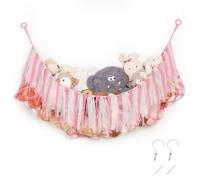 Pretty Jolly Stuffed Animal Hammock with Tassels 150cm Large Toy Storage Macrame Hanging Net with Wooden Rings, Hand Woven for Nursery Decor, Pink