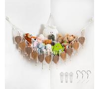 Pretty Jolly Stuffed Animal Storage with Beads Hand Woven Leaf Tassels Hammock Corner Hanging Net Boho Macrame Toy Plush Storage for Kid Room Nursery Decor for Girls Gift(Milkcoffee & Jute)