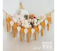 Pretty Jolly Stuffed Animal Storage with Hand Woven Leaf Tassels Hammock Corner Hanging Net Boho Macrame Plush Storage for Toys Kid Room Wall Nursery Decor for Girls Gift (Yellow)
