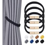 Pretty Jolly Wooden Magnetic Curtain Tiebacks, Boho Cotton Double Rope, Natural Cotton, Double Rope Design, Fits Thin & Thick Drapery, Ideal for Home & Office Windows, 4 Pack, New Black
