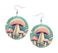 Pretty Little Mushrooms Prints Leather Round Earrings Pendant Stylish And Light Lightweight Dangle For Women Girls, One Size, Leather, No Gemstone