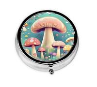 Pretty Little Mushrooms Round Pill Box. Portable Daily Medication Organizer, Travel-Friendly Design.