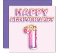Pretty Paper Anniversary Card for Wife Girlfriend Husband Boyfriend - Pink Purple Glitter Balloons - Happy 1st Anniversary Cards from Family, 145mm Greeting Cards for Anniversaries