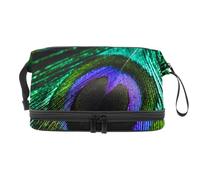 Pretty Peacock Feather Double Layer Cosmetic Bag for Women and Girls, Travel Toiletry Bag Makeup Handy Pouch Organiser Bag with Brush Compartment