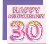 Pretty Pearl Anniversary Card for Wife Girlfriend Husband Boyfriend - Pink Purple Glitter Balloons - Happy 30th Anniversary Cards from Family, 145mm Greeting Cards for Anniversaries