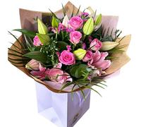 Pretty Pink Rose and Lily Fresh Flower Bouquet Gift Bag - Handcrafted Floral Arrangement for Birthday, Anniversary, Get Well, Thank You and any Occasions Delivery