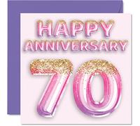 Pretty Platinum Anniversary Card for Wife Girlfriend Husband Boyfriend - Pink Purple Glitter Balloon - Happy 70th Anniversary Cards from Family, 145mm Greeting Cards Anniversaries