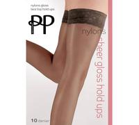 Pretty Polly Women's Nylons - 10d Gloss Lace Top Hold Ups Tights, Black (Barely Black), M-L UK